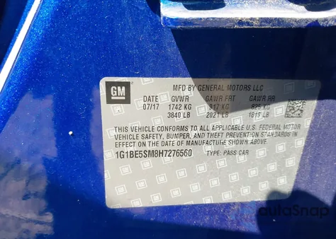 2017 Chevrolet Cruze Lt Auto z USA, uszkodzony, nr VIN 1G1BE5SM8H7276560